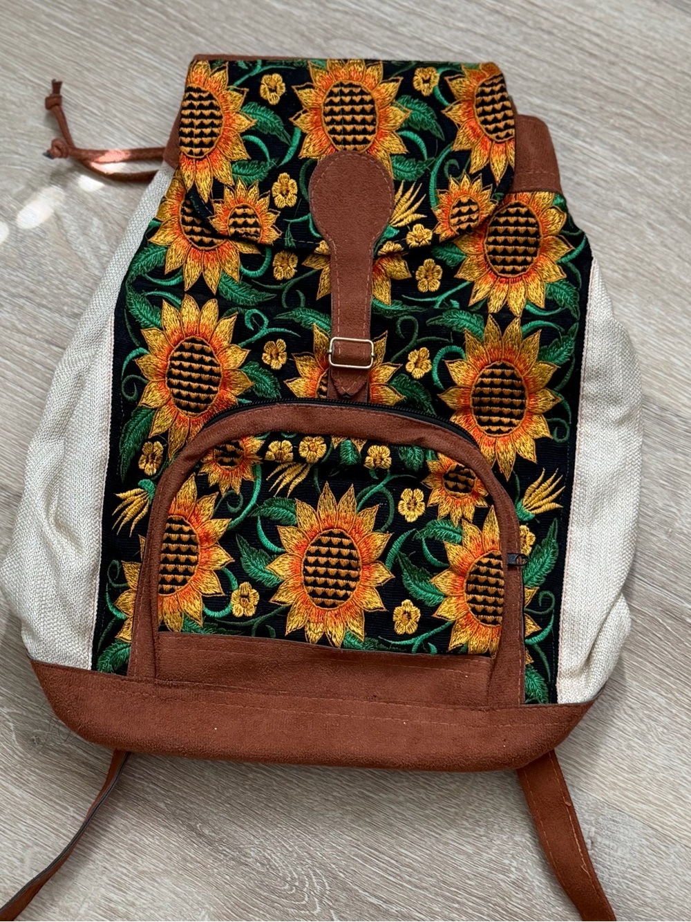 Sunflower Canvas Drawstring Backpack - Brown Accents